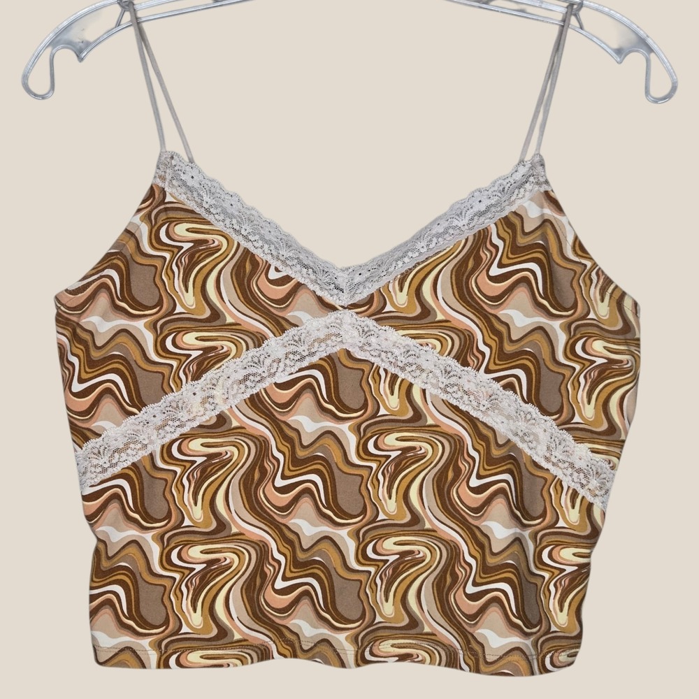 Y2k Retro 70s Swirl Print Cami Crop Top Brown Tan Lace Trim Boho FairyCore Small